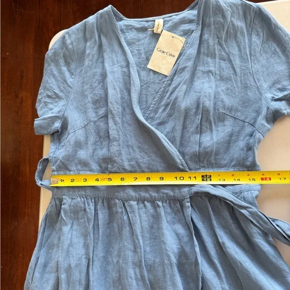 100% Linen Grae Cove Light Blue Wrap Dress - Picture 9 of 12